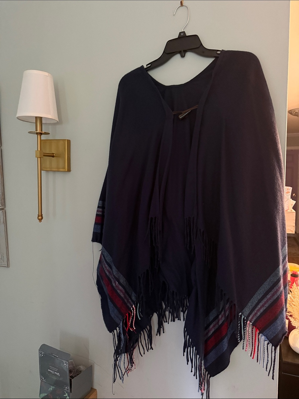 aerie Navy Fringe Wrap Poncho with Red and Gray Stripes